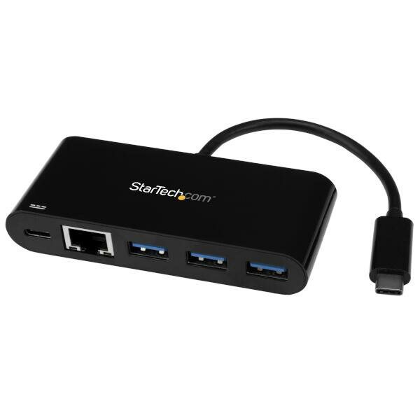USB-C - イーサネット変換アダプタ。USB-C対応のノートパソコン、タブレット、デスクトップPCにパワフルな接続機能を提供します。モバイル用途に適したこのアダプタは、USB-CまたはThunderbolt 3ポートに接続し、有線ネットワークアクセスと、周辺機器を接続できるUSB 3.0 Type-Aポート3口を提供します。また、作業中にノートパソコンを充電することができます。MacBook、Chromebook Pixel、Dell XPS 12その他の端末に最適なアクセサリとなります。

【安定したギガビットネットワーク接続へのアクセス】
このUSB-Cネットワークアダプタは、USB 3.0（5 Gbps）の性能を活かしてギガビットのフル伝送帯域に対応するイーサネットポートを提供、どこでも有線インターネット接続できるようにします。（USB 3.0はUSB 3.1 Gen 1として知られています。）Wi-Fiが利用できない、または安定していない場所でもネットワークに接続し、ネットワークを介しギガビット速度でサイズの大きなファイルに素早くアクセスできます。

【3ポートUSBハブで作業効率をアップ】
 一部のUSB Type-C対応端末では、外付け接続ポートが1口しか搭載されておらず、使用できる周辺機器の数が限られています。このUSB-CイーサネットアダプタにはUSB Type-Aポート3口を備えたハブが内蔵されており、USBマウスやUSBメモリなど、デバイスを自由に追加できます。USBポートの数を増やし、作業効率の向上を図ることが可能です。

【携帯しやすい設計】
トラベルサイズでセルフパワー対応のUSB-Cネットワークアダプタ＆ハブは、ノートパソコンバッグに軽く収まり、携帯に適しています。ギガビットイーサネットアダプタ、USB-C - USB-Aハブを別々に持ち歩く必要がありません。どこでも有線ネットワークに接続でき、USB周辺機器を追加接続できるのでモバイル用途に最適です。USB Type-Cケーブルが本体についているため、ケーブルを忘れて困ることがありません。

【作業をしながら給電と充電に対応】
このUSB-Cネットワークアダプタは、ハブに給電しながら同時にノートパソコンの給電と充電にも対応します。USB給電（Power Delivery 2.0）に対応しているため、複数の電源アダプタを持ち歩く必要がなく、ノートパソコンのUSB-C電源アダプタでネットワークアダプタとノートパソコンの両方に給電することができます。（注意：ノートパソコンのUSB-Cベース電源アダプタがUSB Power Delivery 2.0に対応しているか確認してください。）

【簡単なインストール】
 このアダプタは、接続するだけですぐに使える製品です。ノートパソコンのType-Cポートに挿入すると自動的にインストールが完了し、すぐにネットワークに接続が可能になります。Windows、macOS、Linux、Chrome OSなどのオペレーティングシステムに幅広く対応しています。

StarTech.comでは、本製品に2年間保証と無期限無料技術サポートを提供しています。