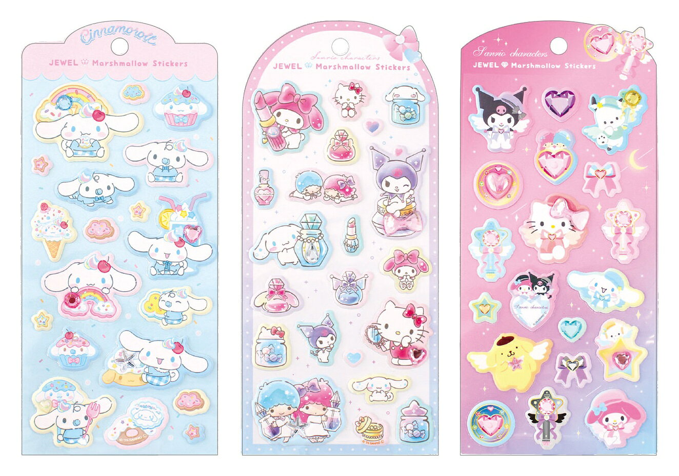 ＜セット内容＞
サンリオキャラクターズジュエルマシュマロステッカーズ　ファンシースナック／シナモロール
サンリオキャラクターズジュエルマシュマロステッカーズ　コスメ／集合
サンリオキャラクターズジュエルマシュマロステッカーズ　マジカルジュエリー
ーーーーーーーーーーーーーーーー

ストーン付きのマシュマロステッカー！【対象年齢】：6歳以上【商品サイズ (cm)】(幅×高さ×奥行）：9×17.5×0.1