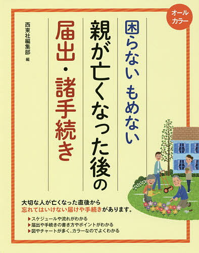 著者西東社編集部(編)出版社西東社発売日2016年12月ISBN9784791624775ページ数191Pキーワードこまらないもめないおやがなくなつたあとの コマラナイモメナイオヤガナクナツタアトノ せいとうしや セイトウシヤ9784791624775内容紹介★★身近な方が亡くなった時のSOS! ★★ 身近な方が亡くなると、悲しみもつかの間、否応なく手続きを始めなければなりません。そういった事態を避けるためにできる手続きがいろいろとあります。本書では、いざというときに「もめない」「困らない」ために備えておくべきことをまとめました。死亡直後にすべき手続き、年金、遺産相続から、形見分け、介護や老人ホームの準備、墓の引っ越しなど、大切な家族を守る、実際に役に立つ知識がこの1冊でわかります。オールカラー&ちょうどよい大きさだから、ゆったり読むことができます。【目次】第1章 死亡後に行う手続き第2章 公的年金の手続き第3章 遺産相続の手続き第4章 相続税の支払い第5章 亡くなる前に考えたいこと※本データはこの商品が発売された時点の情報です。目次第1章 死亡後に行う手続き（身近な人が亡くなった後の届出・諸手続き（一般的な流れ）/葬儀の手順と喪主（遺族）が行うべきこと）/第2章 公的年金の手続き（身近な人が亡くなった後の年金関係の手続き）/第3章 遺産相続の手続き（身近な人が亡くなった後の相続関係の手続き）/第4章 相続税の支払い（身近な人が亡くなった後の相続関係・相続税の手続き）/第5章 亡くなる前に考えたいこと（遺言でできること/自筆証書遺言を作成する ほか）