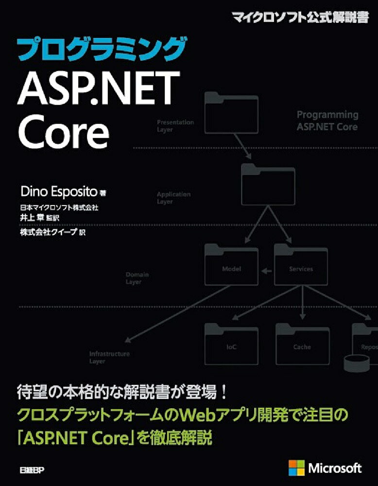 著者DinoEsposito(著) 井上章(監訳) クイープ(訳)出版社日経BP発売日2019年05月ISBN9784822253806ページ数439Pキーワードぷろぐらみんぐえーえすぴーどつとねつとこあぷろぐら プログラミングエーエスピードツトネツトコアプログラ えすぽしと でいの ESPOS エスポシト デイノ ESPOS9784822253806内容紹介 本書は"Programming ASP.NET Core"（Microsoft Press、2018年）の待望の日本語翻訳版です。2016年にバージョン1.0が公開されたASP.NET Coreは、Windows環境だけでなくLinuxやmacOS上でも動作するクロスプラットフォームのWebアプリケーションフレームワークとして注目を集めてきました。本書はASP.NET Coreが登場した背景から始まり、ASP.NET Coreによるアプリケーション開発に必要とされる知識を、設計から開発、デプロイまで、順を追って解説します。日本語版では原書発行後の最新情報をできるだけ反映するように努めました。※本データはこの商品が発売された時点の情報です。目次第1部 新しいASP．NETの概要（新しいASP．NETの存在意義/初めてのASP．NET Coreプロジェクト）/第2部 ASP．NET MVCのアプリケーションモデル（ASP．NET MVCの起動/ASP．NET MVCのコントローラー ほか）/第3部 横断的関心事（設計について考える/アプリケーションのセキュリティ ほか）/第4部 フロントエンド（Web APIの設計/クライアント側からのデータ送信 ほか）/第5部 ASP．NET Coreのエコシステム（ASP．NET Coreのランタイム環境/ASP．NET Coreアプリケーションのデプロイメント ほか）