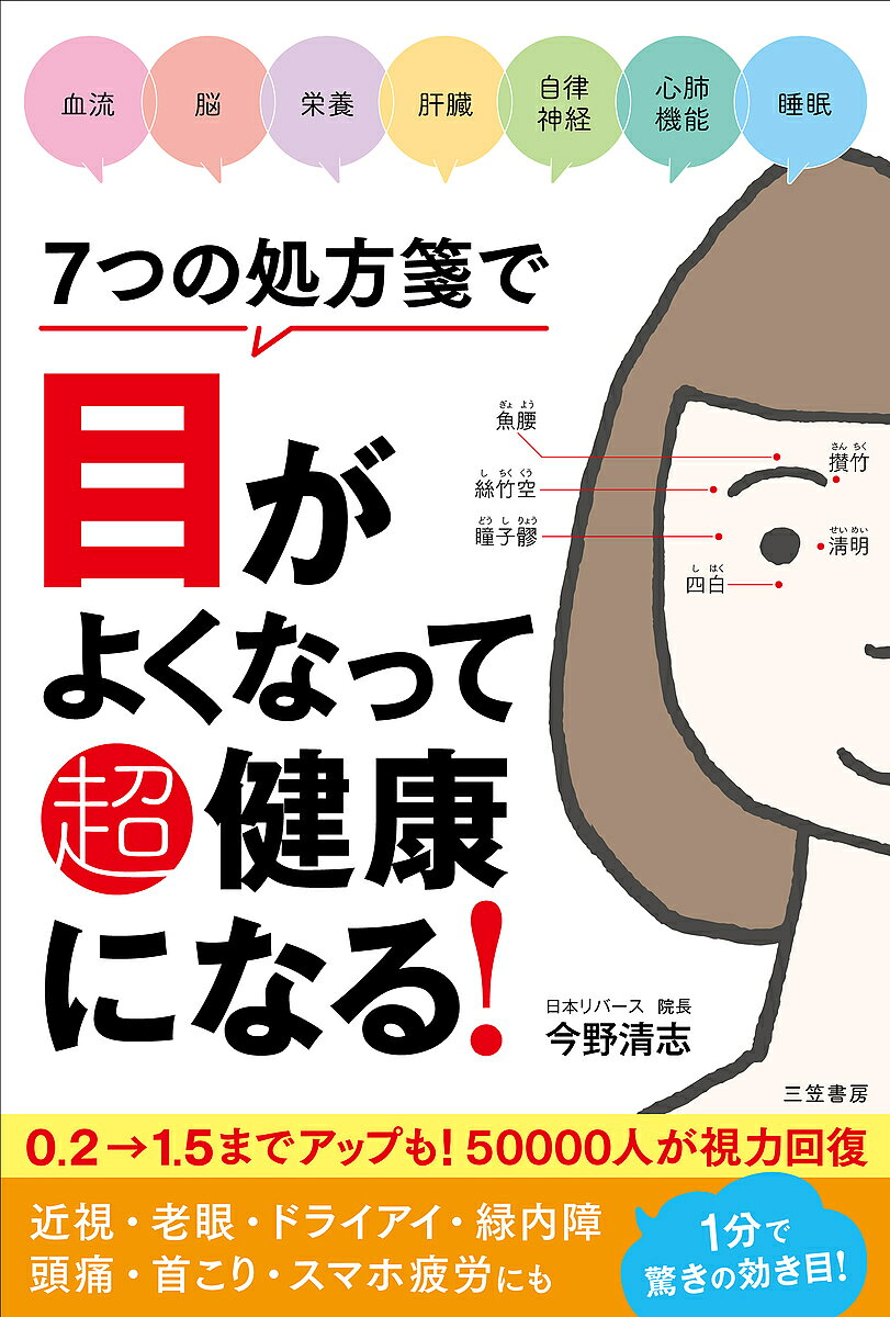 ※商品画像はイメージや仮デザインが含まれている場合があります。帯の有無など実際と異なる場合があります。著者今野清志(著)出版社三笠書房発売日2021年09月ISBN9784837928676ページ数172Pキーワード健康 ななつのしよほうせんでめがよく ナナツノシヨホウセンデメガヨク こんの せいし コンノ セイシ9784837928676内容紹介1分で驚きの効き目！視力は、生活習慣で変わる！※本データはこの商品が発売された時点の情報です。目次第1章 常識にとらわれないことが視力回復の第一歩—遺伝は？スマホは？本当の原因は？（なぜ、こんな異常事態になったのか？ここまでひどい、日本人の近視率/近視は遺伝する？しない？ ほか）/第2章 7つの処方箋で目は必ずよくなる！—本気の改善には、多方面からのアプローチが必要（病気は「酸欠」からはじまるものが9割/「肝臓」をいたわると目はよくなる ほか）/第3章 実践！今野式超視力回復トレーニング—簡単なのに、全身に驚きの好影響！（セミナー会場も騒然！大反響のタッピング法/プルプル揺すって血行アップ！肌まで輝くシェイク法 ほか）/第4章 目の病気をよせつけない新習慣—頭のいい人は、悪くなる前に予防する（こんなに簡単なトレーニングで、本当に効果がありますか？/目が悪くなってきました。メガネをかけたほうがいいですか？かけないほうがいいですか？ ほか）