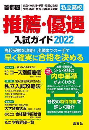 【30日間返品保証】商品説明に誤りがある場合は、無条件で弊社送料負担で商品到着後30日間返品を承ります。ご満足のいく取引となるよう精一杯対応させていただきます。※下記に商品説明およびコンディション詳細、出荷予定・配送方法・お届けまでの期間について記載しています。ご確認の上ご購入ください。【インボイス制度対応済み】当社ではインボイス制度に対応した適格請求書発行事業者番号（通称：T番号・登録番号）を印字した納品書（明細書）を商品に同梱してお送りしております。こちらをご利用いただくことで、税務申告時や確定申告時に消費税額控除を受けることが可能になります。また、適格請求書発行事業者番号の入った領収書・請求書をご注文履歴からダウンロードして頂くこともできます（宛名はご希望のものを入力して頂けます）。■商品名■首都圏私立高校推薦・優遇入試ガイド2022年度用■出版社■晶文社■著者■晶文社学校案内編集部■発行年■2021/04/05■ISBN10■4794998627■ISBN13■9784794998620■コンディションランク■良いコンディションランク説明ほぼ新品：未使用に近い状態の商品非常に良い：傷や汚れが少なくきれいな状態の商品良い：多少の傷や汚れがあるが、概ね良好な状態の商品(中古品として並の状態の商品)可：傷や汚れが目立つものの、使用には問題ない状態の商品■コンディション詳細■書き込みありません。古本のため多少の使用感やスレ・キズ・傷みなどあることもございますが全体的に概ね良好な状態です。水濡れ防止梱包の上、迅速丁寧に発送させていただきます。【発送予定日について】こちらの商品は午前9時までのご注文は当日に発送致します。午前9時以降のご注文は翌日に発送致します。※日曜日・年末年始（12/31〜1/3）は除きます（日曜日・年末年始は発送休業日です。祝日は発送しています）。(例)・月曜0時〜9時までのご注文：月曜日に発送・月曜9時〜24時までのご注文：火曜日に発送・土曜0時〜9時までのご注文：土曜日に発送・土曜9時〜24時のご注文：月曜日に発送・日曜0時〜9時までのご注文：月曜日に発送・日曜9時〜24時のご注文：月曜日に発送【送付方法について】ネコポス、宅配便またはレターパックでの発送となります。関東地方・東北地方・新潟県・北海道・沖縄県・離島以外は、発送翌日に到着します。関東地方・東北地方・新潟県・北海道・沖縄県・離島は、発送後2日での到着となります。商品説明と著しく異なる点があった場合や異なる商品が届いた場合は、到着後30日間は無条件で着払いでご返品後に返金させていただきます。メールまたはご注文履歴からご連絡ください。