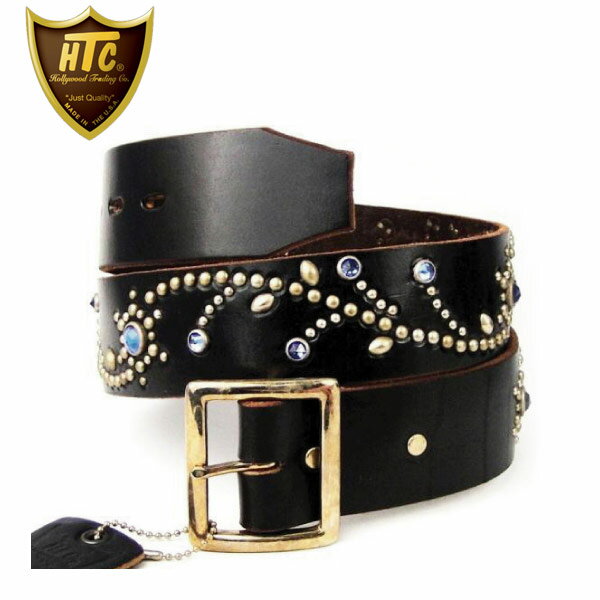 正規取扱店 HTC(Hollywood Trading Company) #585 Flower Silver Studs Belt(フラワーシルバースタッズベルト) ブラックレザーxライトブルーストーン