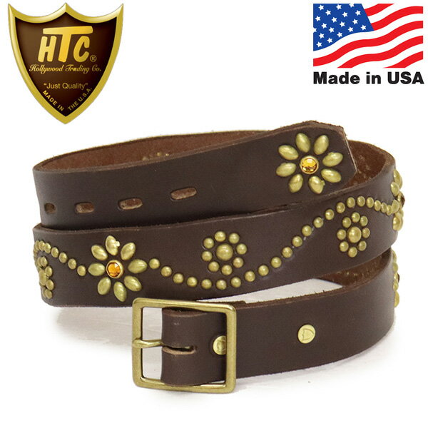 Rakuten - 正規取扱店 HTC(Hollywood Trading Company) Belt #24S 1.25 with End 1.25インチ ベルト ダークブラウンレザーxブラススタッズxイエローストーン