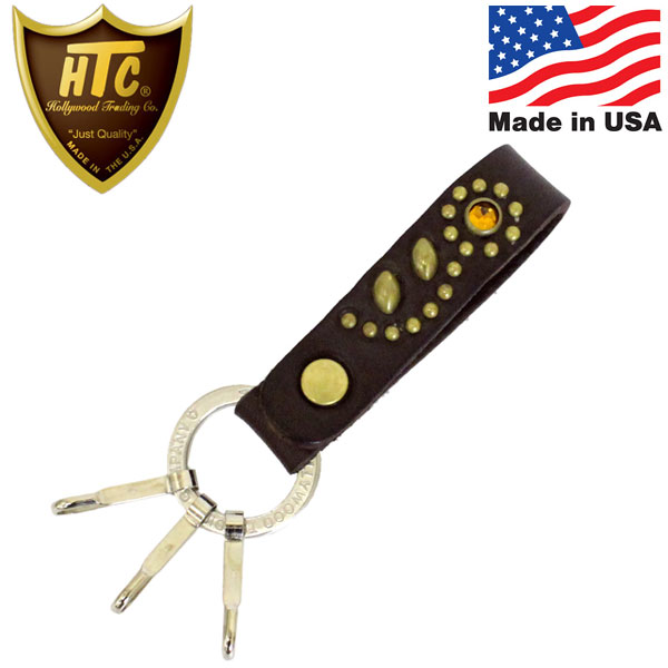 正規取扱店 HTC(Hollywood Trading Company) HTC N&J Ring Key Holder #32 Stone キーホルダー ダークブラウンレザーxブラススタッズxイエローストーン