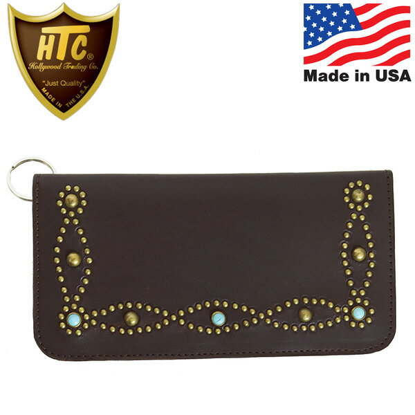 正規取扱店 HTC(Hollywood Trading Company) T-1 Wallet #D-Style Studs Turquoise ロングウォレット ダークブラウンレザーxブラススタッズxターコイズ