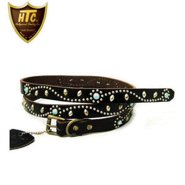 スタッズベルト 正規取扱店 HTC(Hollywood Trading Company) SN-32-TQ Turquoise Narrow Studs Belt(ターコイズナロースタッズベルト）ブラックレザーxシルバースタッズ