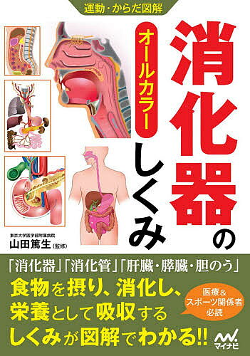 著者山田篤生(監修)出版社マイナビ出版発売日2020年09月ISBN9784839972479ページ数191Pキーワードしようかきのしくみおーるからーうんどうからだ シヨウカキノシクミオールカラーウンドウカラダ やまだ あつお ヤマダ アツオ9784839972479内容紹介豊富なイラストで「食物を消化・吸収する」働き、および消化器に関する病気に関する知識がすべてわかる食物を食べ、消化し、吸収するという口から肛門までの「消化器」にスポットを当てた本。 一般的な医学書とは異なり、ほとんどのページには文章の説明と対になる解説図をオールカラーで掲載し、分かりやすく解説。 1〜4章では消化器に関する知識を。5〜6章では、消化器を原因とする症状や代表的な疾病なども掲載しています。 理学療法士（PT）、作業療法士（OT）、医師、看護師などはもちろん、スポーツトレーナー、鍼灸師、柔道整復師なども知っておきたい知識が満載。 ＜章構成＞ 1・消化器のしくみと基本 消化器の構造の概要、消化器の働きの全貌 ほか 2・消化器のしくみと働き 口は消化管の入り口、唾液腺と唾液、乳歯と永久歯 ほか 3・肝臓・膵臓・胆のうのしくみと働き 肝臓の構造、肝小葉の構造と血液などの流れ ほか 4・栄養素・消化と吸収 三大栄養素／五大栄養素とは、糖質の種類と特徴・働き ほか 5・消化器に起きる症状 腹痛と関連痛、便秘、下痢、吐き気・嘔吐、おなら、消化管出血 ほか 6・消化器の代表的疾患 咽頭がん、逆流性食道炎、食道がん、ピロリ菌感染症、胃炎 ほか※本データはこの商品が発売された時点の情報です。目次第1章 消化器の構造の概要/第2章 消化管のしくみと働き/第3章 肝臓・膵臓・胆のうのしくみと働き/第4章 栄養素、消化と吸収/第5章 消化器に起こる症状/第6章 消化器の代表的疾患