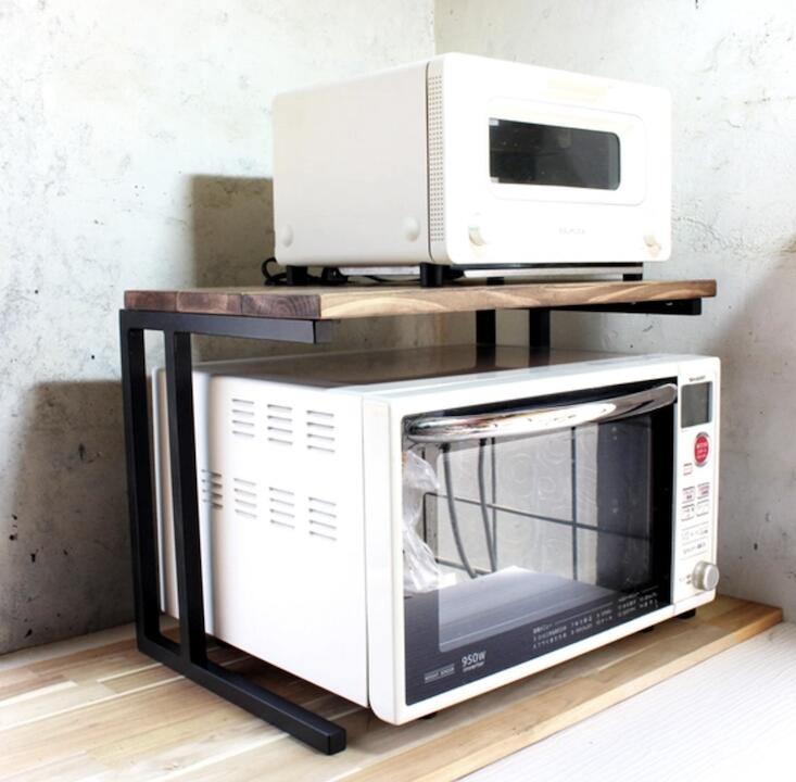 天然木 ウォールナット色 一枚板 アイアン 電子レンジ オーブン トースターラック 無垢材 職人手作り 一点物 ハンドメイド ウォルナット