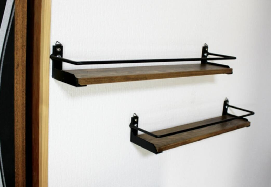 天然木 ウォールナット色 アイアン 2個セット 壁掛けラック 飾り棚 小物置き シェルフ 無垢材 職人手作り 一点物 ハンドメイド ウォルナット