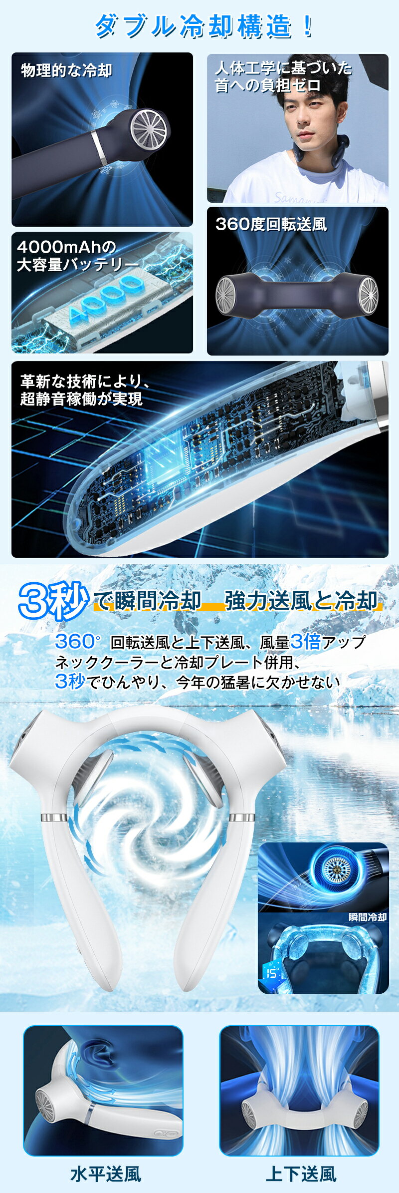 ネッククーラー 扇風機 首掛け 羽根なし 首掛け扇風機 冷却プレート 瞬時冷却 4000mAh大容量 最大18時間連続稼働 3段階風量調整 静音 軽量 Type-c急速充電式 ハンズフリーファン 熱中症対策 高温対策 防災グッズ 通勤 旅行 室外作業 プレゼント 3