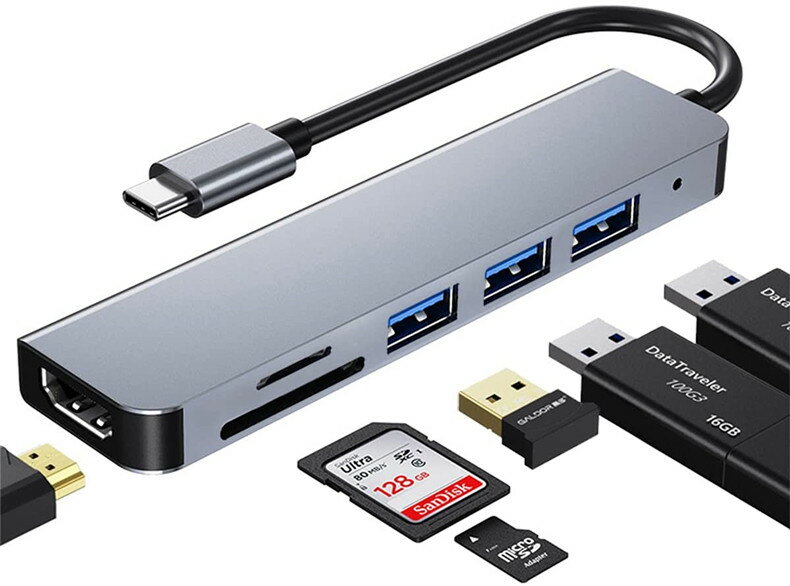 USB C ハブ アダプタ 6-in-1 Type c ハブ 4K 解像度 HDMIポート+USB 3.0ポート+USB 2.0ポート*2 高速デ..