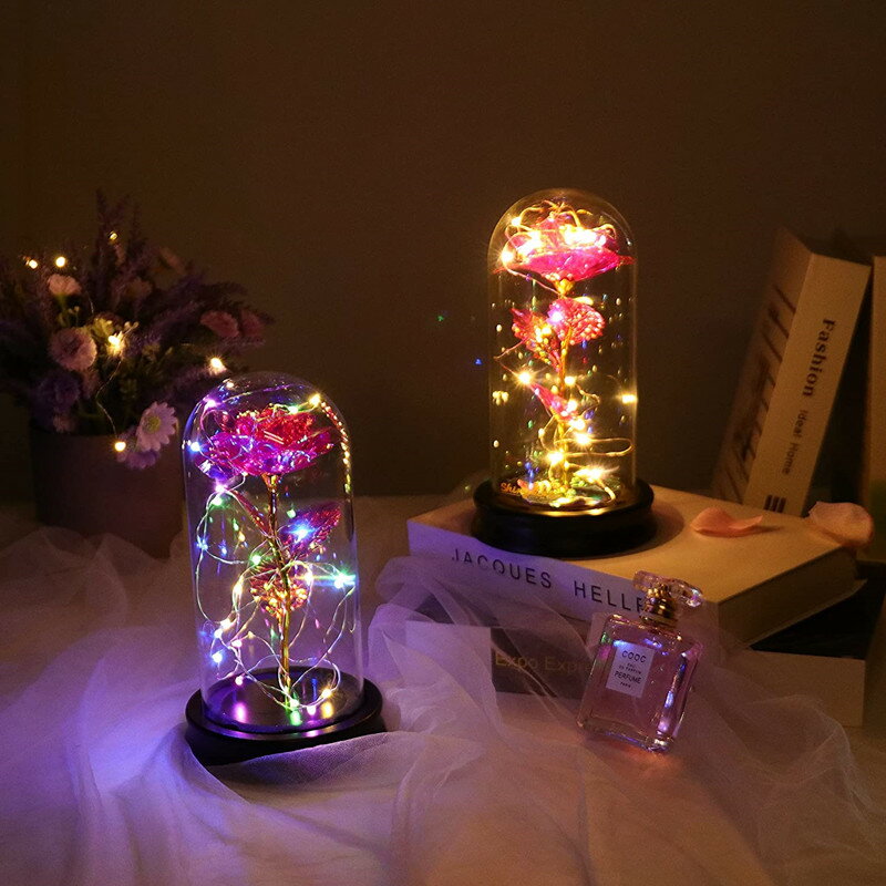 プリザーブドフラワー ガラスポッド LED造花 バラ 花ランプ バレンタイン装飾 誕生日プレゼント 造花ライト LED 飾りランプ ガラスドーム 木製ベース プリザーブドフラワー 電池式 インテリア花 バレンタインデー 母の日 ローズ 結婚式 パーティー クリスマス 記念日 贈り物