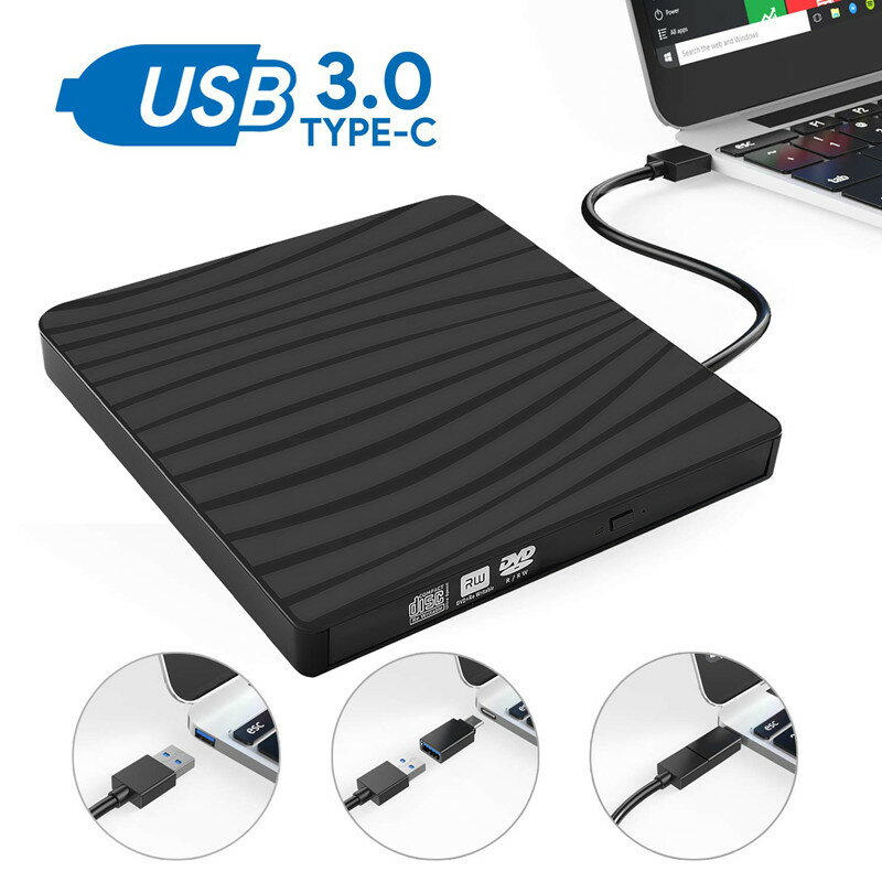 外付けCD/DVDドライブ USB3.0/Type Cポート付き CD/DVD読込み 録画込み対応 ポータブルドライブ CD/DVD-Rプレイヤー CD/DVD-Rドライブ 静音 焼損防止 エラー校正 Windows/Mac対応 高速 軽量