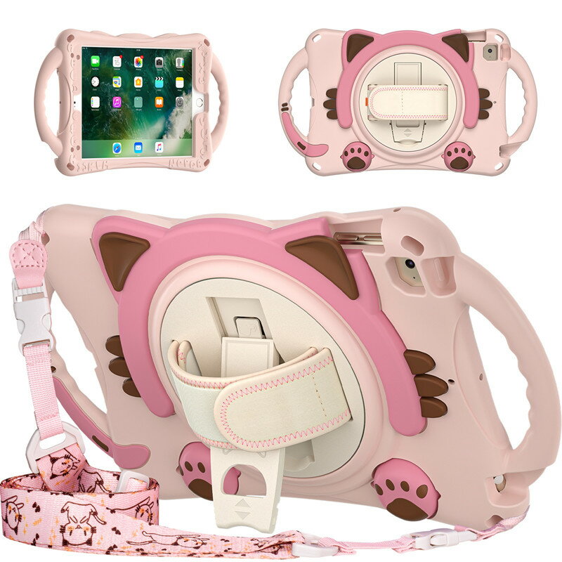 iPad mini5 7.9インチ ケース iPad mini1/2/3/4/5ケース アイパッドケース 360°回転ベルト スタンド キッズ ショルダー ストラップ シリコン 子ども 収納 ペンホルダー付き 可愛い かわいい 猫 ねこ 子供 耐衝撃 肩掛け 持ち運び便利 頑丈 全8色