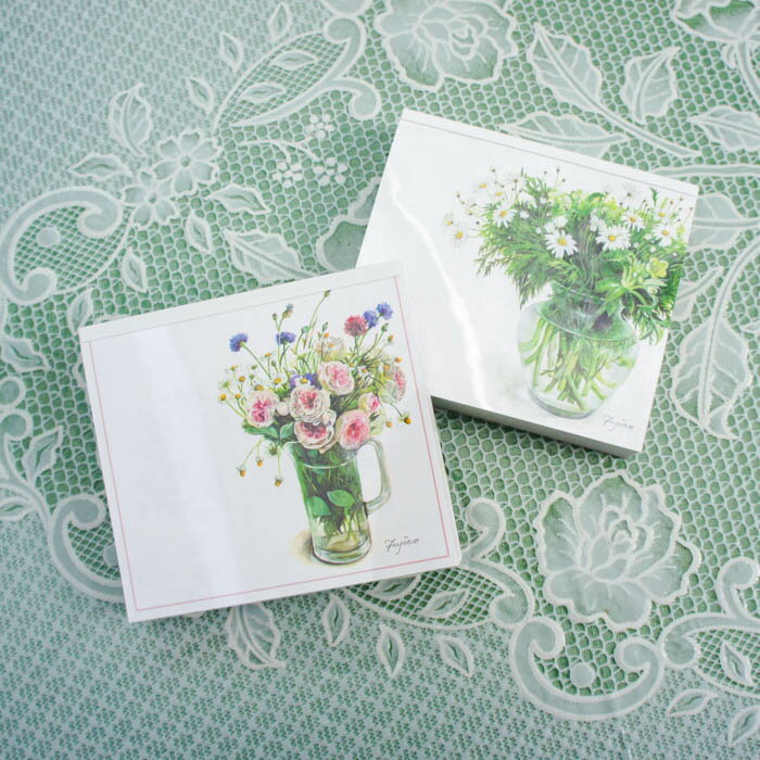 橋本不二子 ブロックメモメモ帳 メモパッド ローズ・花瓶と花 日本製おしゃれ 120枚綴り 薔薇 花柄 橋本不二子