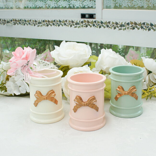 ペンスタンド ホルダー小物入れ ペン立て クラシックリボン ホワイト ピンク グリーン ゴールド エレガ..