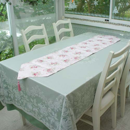 テーブルランナーMサイズ ロマンチックローズ柄 撥水加工 タッセル ピンク 約32×150cm 薔薇 1