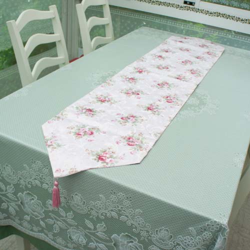テーブルランナーMサイズ ロマンチックローズ柄 撥水加工 タッセル ピンク 約32×150cm 薔薇 2