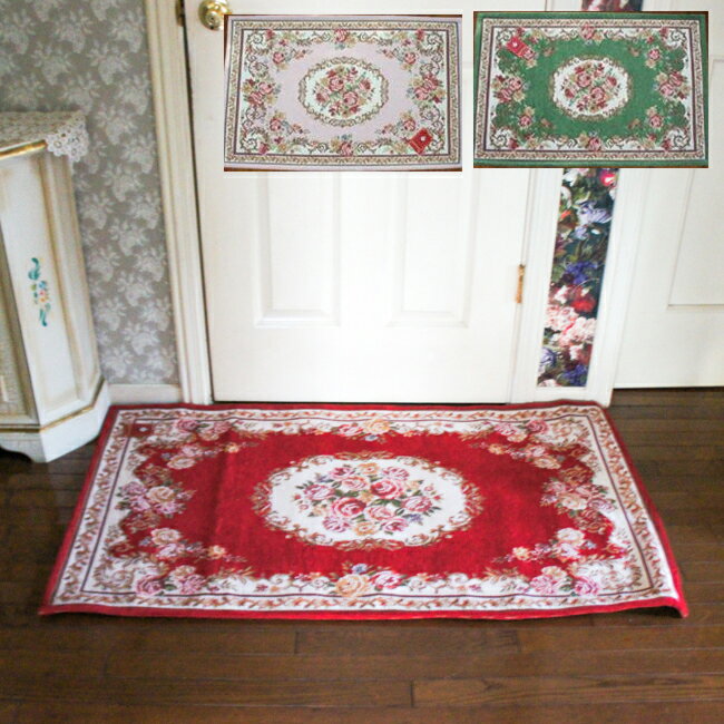 シェニールマット 玄関 フロアー ローズ 薔薇 エレガント ピンク グリーン ブラウン 高級感 70×120cm