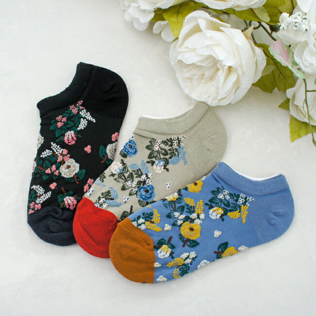 PLUS VANILLA スニーカー丈 花総柄 トリ 刺しゅう付き おしゃれ23～25cm ベージュ ブラック ブルー