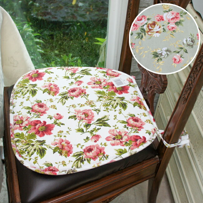 チェアクッション ローズ柄 ピンク グリーン クラシカル 紐付き チェアパッド