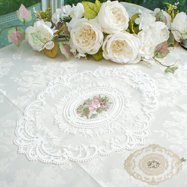 ローズドイリー ホワイト アイボリー 刺繍 レース エレガント 高級感 敷布 42×30cm