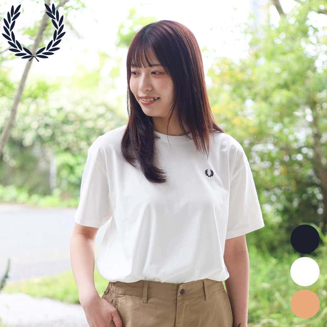 Rakuten - フレッドペリー FRED PERRY クルーネックTシャツ Crew Neck T-Shirt レディース 春夏 綿 SNOW WHITE NAVY PEACH 10サイズ