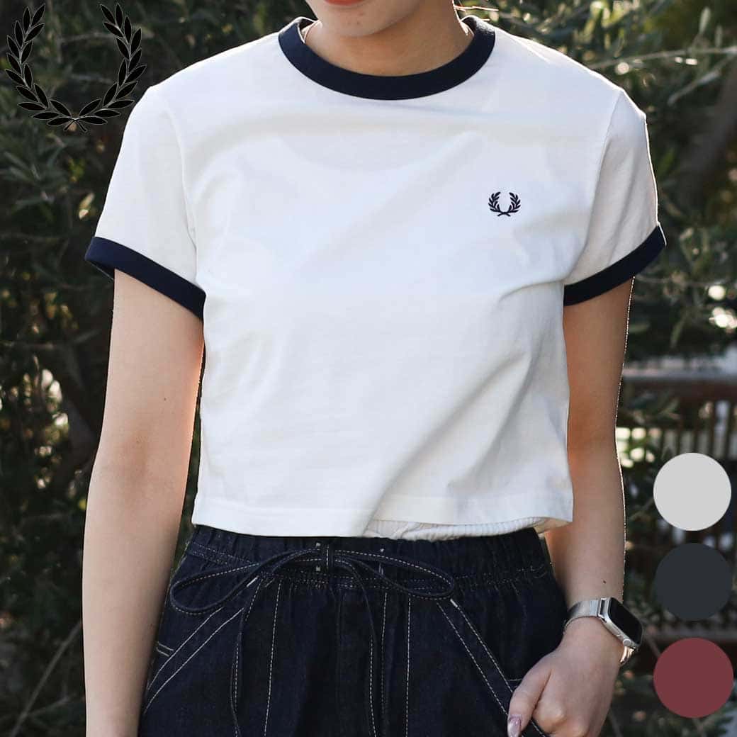 Rakuten - FRED PERRY フレッドペリー クロップドTシャツ レディース 春夏 綿 ポリウレタン SNOW WHITE BLACK OX BLOOD