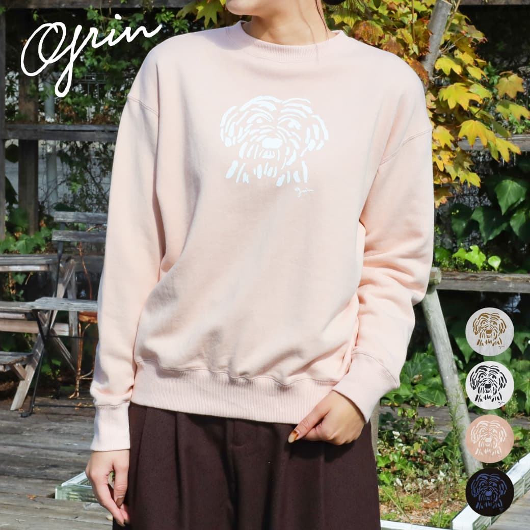 grin グリン コーマ裏毛プリントプルオーバー レディース コットン シロ オートミール スモークピンク ブラック 2サイズ スウェット 長袖 8255C-018 8255c-018 日本製 送料無料 レイヤード 暖か ゆったり リラックス 2025年 秋冬 犬 わんちゃん