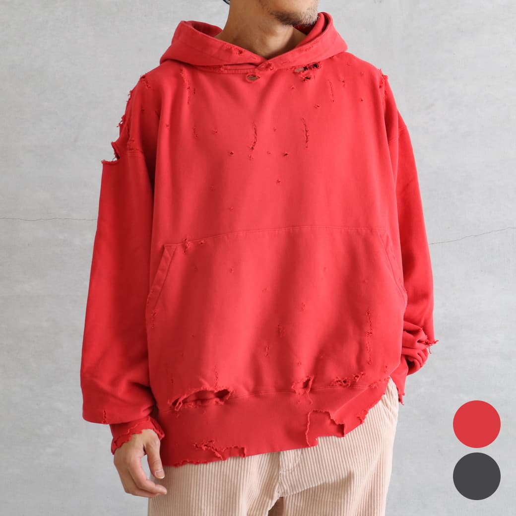 Rakuten - 【5/9 20時〜5/16 9時59分までP10】KURO クロ モア ダメージ ウォッシュ スウェット パーカー メンズ コットン FADED BLACK RED Lサイズ XLサイズ トップス カジュアル 長袖 送料無料 シンプル ストリート カジュアル ダメージ加工 2025年 秋冬