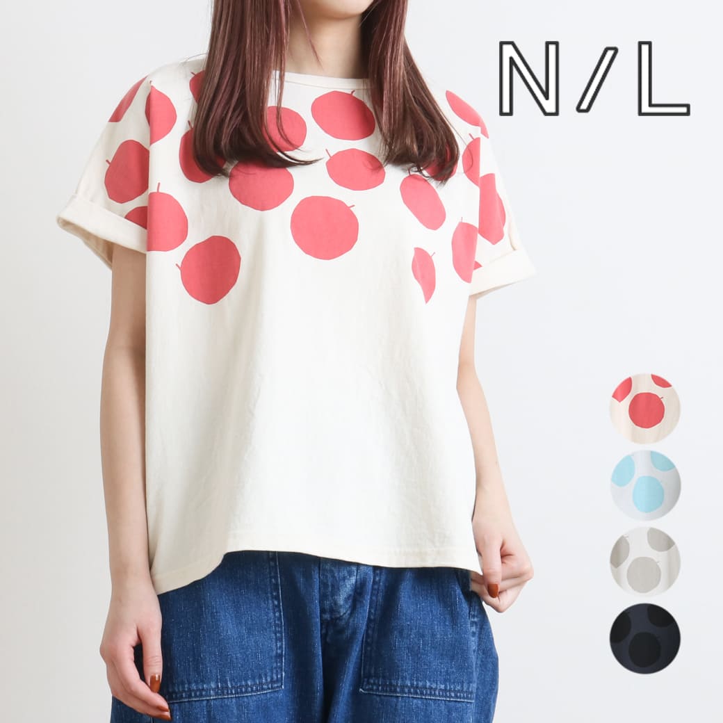 【9日19時～P10倍】NATURAL LAUNDRY ナチュラルランドリー 空紡天竺 リンゴプリントTシャツ 7241C-019