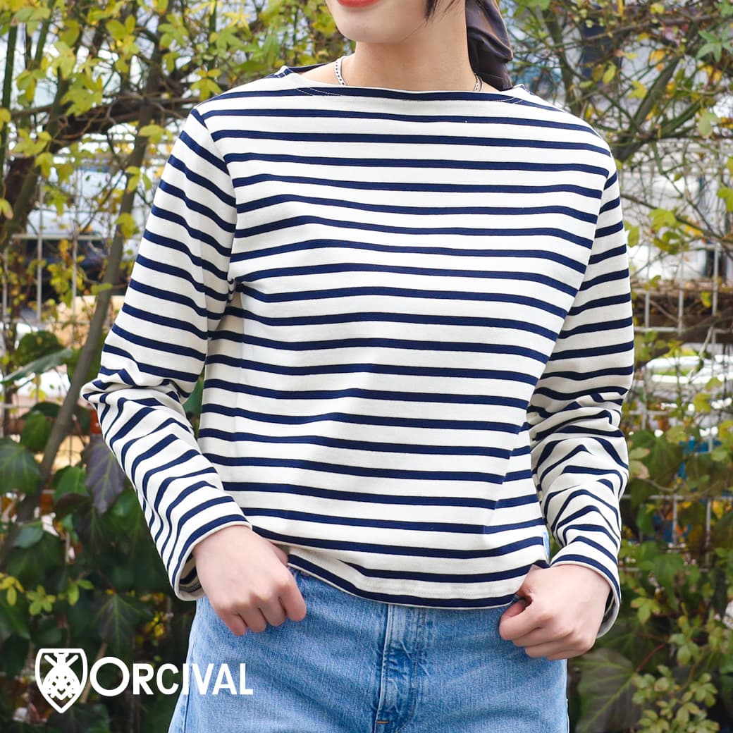 Rakuten - 【5/9 20時〜5/16 9時59分までP10】ORCIVAL オーシバル ショートレングスボートネックロングスリーブプルオーバー レディース コットン ブラック×ホワイト ホワイト ブラック マリン×エクリュ ポッピー×エクリュ 2サイズ