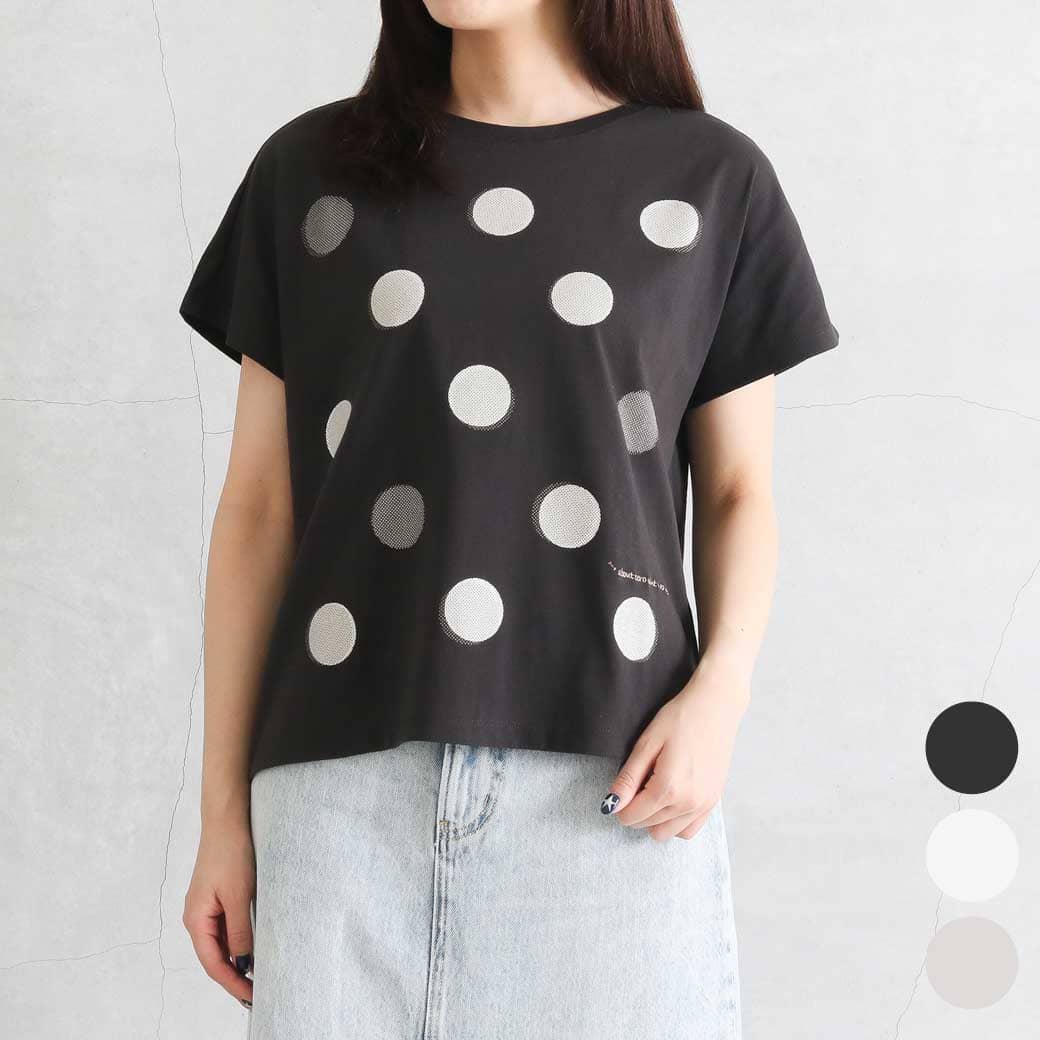 LILASIC リラシク ドットプリント刺繍Tシャツ レディース 春夏 綿 オフホワイト チャコール グレージュ Mサイズ