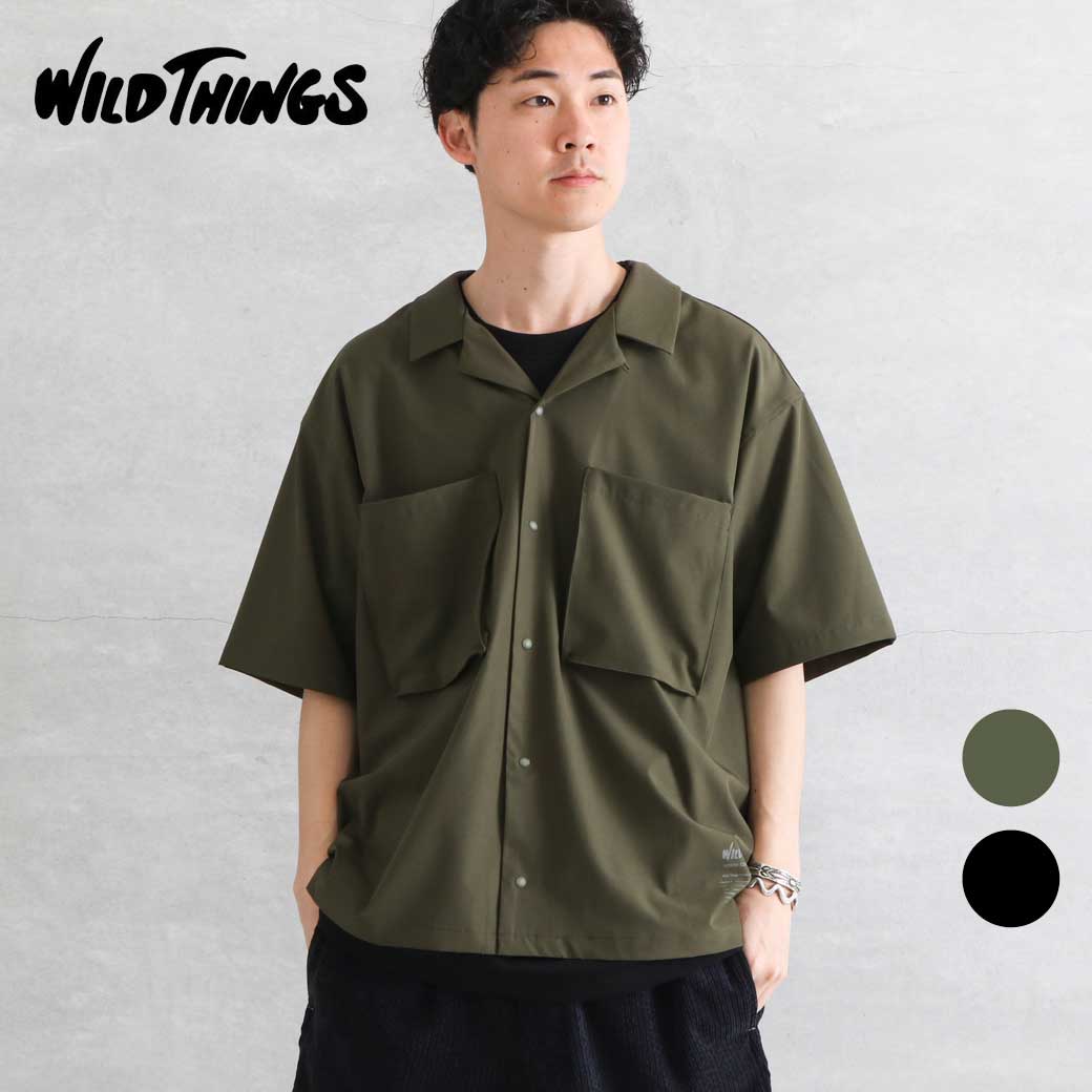 Rakuten - 【5/9 20時〜5/16 9時59分までP10】WILD THINGS ワイルドシングス オープンカラーポケットシャツ OPEN COLLAR POCKET SHIRT メンズ 春夏 ポリエステル ポリウレタン BLACK OLIVE M　Lサイズ
