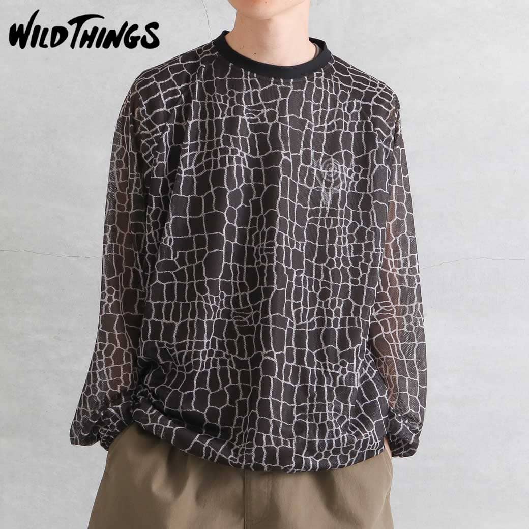 Rakuten - 【5/9 20:00〜5/16 9:59までP10倍】WILD THINGS ワイルドシングス プリント メッシュ ロングスリーブ ティー PRINT　MESH L/S TEE メンズ 春夏 ポリエステル BLACK M Lサイズ