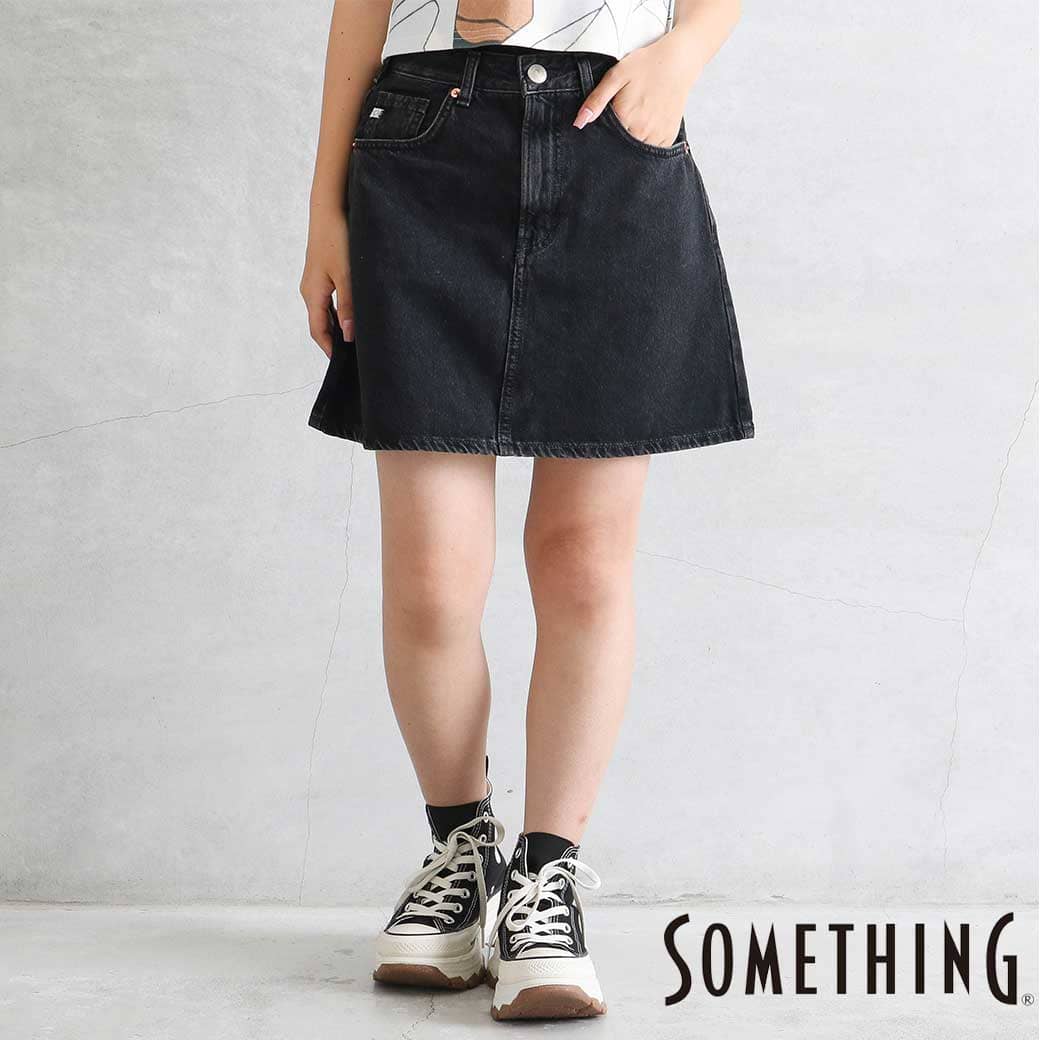 Rakuten - 【5/9 20:00〜5/16 9:59までP10倍】SOMETHING サムシング VINTAGE MINI SKIRT ヴィンテージ ミニデニムスカート レディース コットン 牛革 中色ブルー ブラックデニム S M