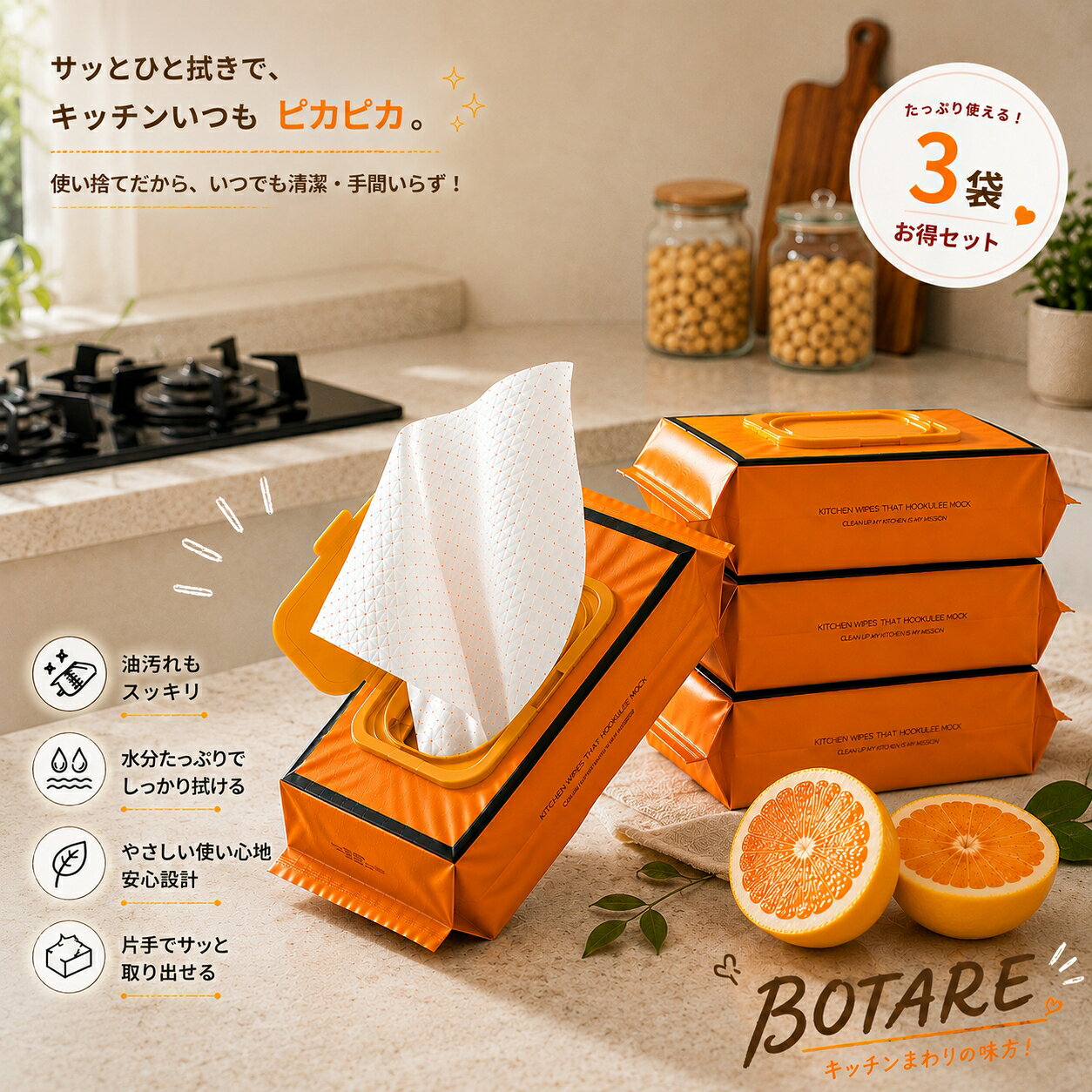 3個セット Botare キッチンワイプ 使い捨て 厚手 サイズアップ 32枚入 ×3 油汚れ落とし 除菌 低刺激性 強力洗浄 ほのかな香り 肌に優しい 消臭