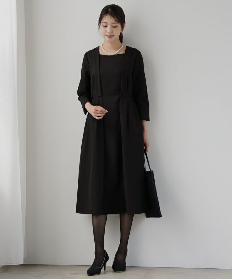 Rakuten - ワンピース レディース フォーマル 喪服 ひざ下丈 スクエアネック 前開きファスナー ゴム入りベルト付き サイズ調整可能 ポケット付き 七分袖 裏地付き きちんと感 洗濯可 ママ 学校行事 謝恩会 お呼ばれ 食事会 秋 冬 春 M L XL 女の子 dsy0141