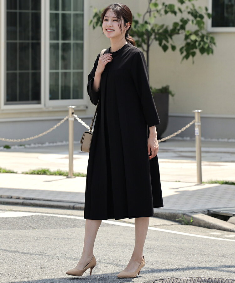 Rakuten - ワンピース レディース フォーマル 喪服前後2way ひざ下丈 スタンドネック ゆったり ブラックフォーマルワンピース ヨーク切り替え 前開きファスナー 七分袖 裏地付き ママ 学校行事 謝恩会 お呼ばれ 食事会 秋 冬 春 M L XL dsy0142