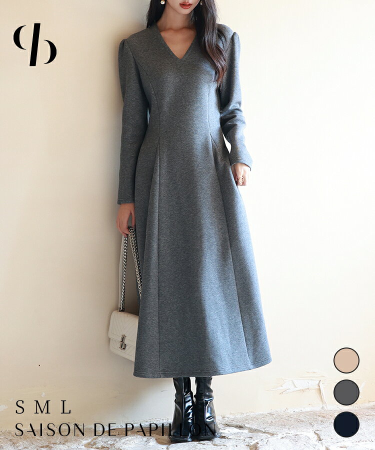 Rakuten - ワンピース レディース ゴアードワンピース Vネック ロング 膝下 フレアー ファスナー付き きれいめ フォーマル Aライン ウエスト絞り 長袖 大人っぽい オフィス セレモニー 上品 かわいい 着痩せ 秋 冬 SAISON DE PAPILLON sdp0177