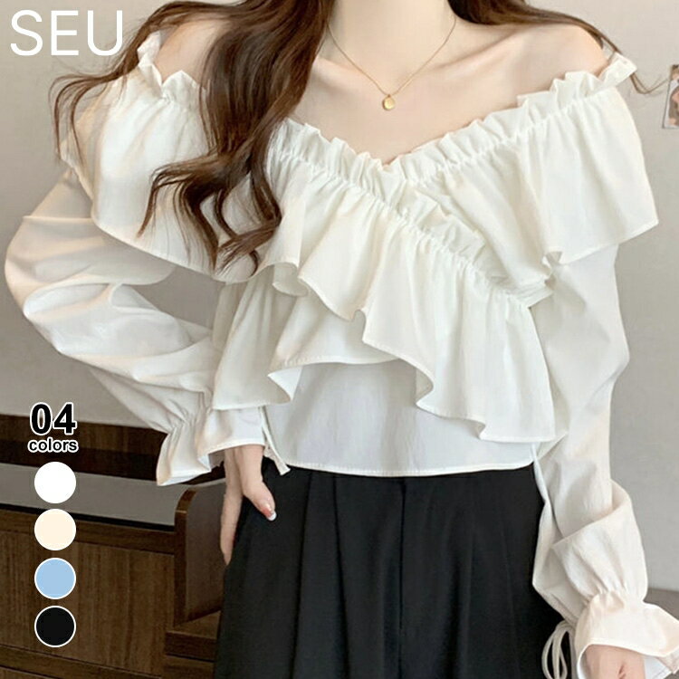 Rakuten - ブラウス 2way シャツ レディース トップス ショート丈 薄手 オフショルダー フリル リボン 長袖 ドライブ ピクニック レジャー プチプラ 春 秋 きれいめ カジュアル 定番 冷房対策 紫外線対策 トレンド 流行 ハイウエスト SEU seu25ht1015