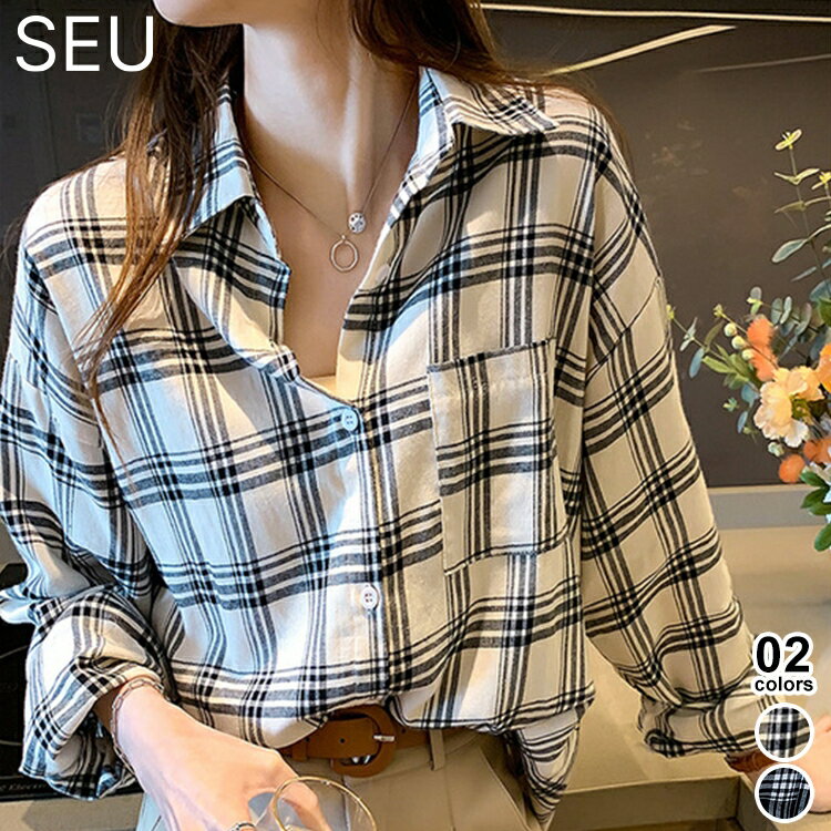 Rakuten - チェック柄ブラウス チェックシャツ シャツ ブラウス 襟付き 黒白 ゆったり レディース トップス オーバーサイズ 日焼け対策 冷房対策 羽織り 体型カバー SEU seu26ht1032