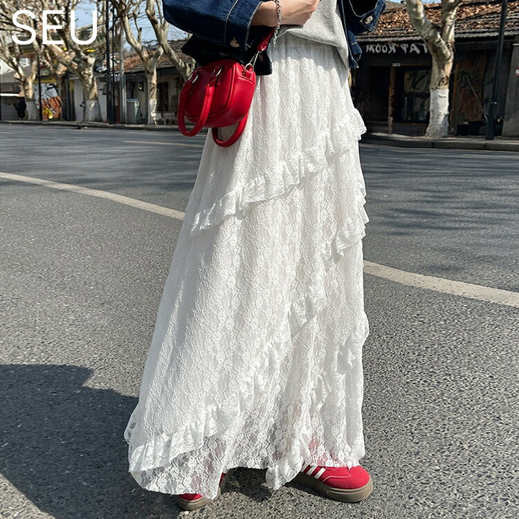 レディース スカート レースカート ティアードスカート ロングスカート 春 夏 ボトムス ゆったり きれいめカジュアル ウエストゴム ふんわり カジュアル 通勤 オフィスカジュアル 着痩せ ホワイト SEU seu26nb2035