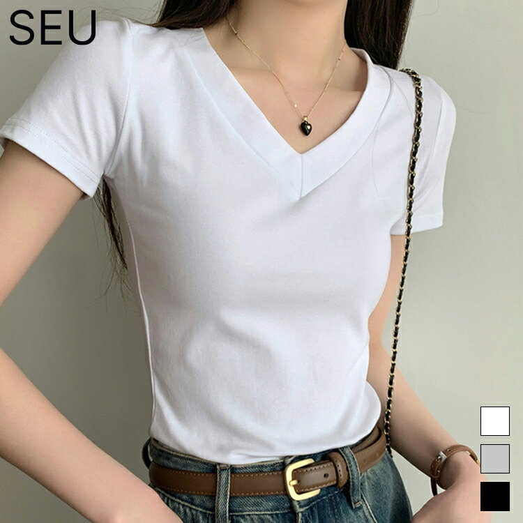 Rakuten - tシャツ レディース 半袖 Tシャツ トップス カットソー インナー 体型カバー 夏 クルーネック Vネック 部屋着 お出かけ スリム カジュアル ホワイト ブラック グレー SEU seu26nt1051