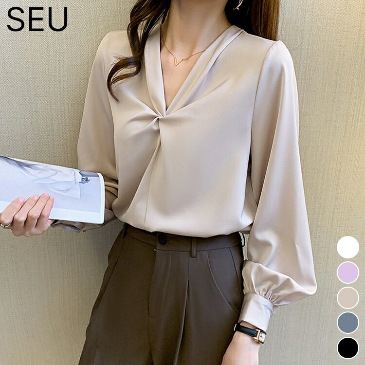 Rakuten - シャツ ブラウス レディース 長袖シャツ vネック ツイスト 袖デザイン ショート丈 ゆったりワイシャツ おしゃれ きれいめ フェミニン シンプル プチプラ トップス ビジネス リクルート オフィスカジュアル SEU seu26nt1088