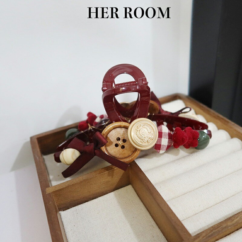 ヘアクリップ 大きめ しっかり 髪多い ワインレッド 木製ボタン 金属紋章 チェックリボン 玉ビーズ エレガント オフィス通勤 40 代女性 レディース ギフト...