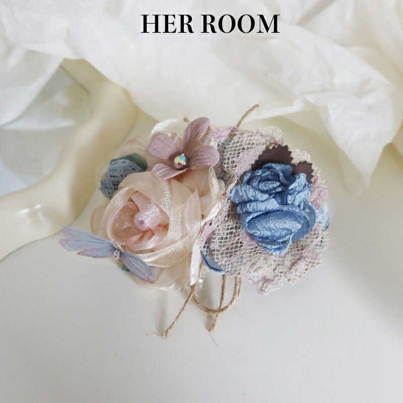 ヘアクリップ フラワー 水色ブルー ベージュ リボン 麻布 ヘンプロープ ビーズ ヴィンテージ風 自然派 お出かけ デート カフェ 30 代 40 代 女性 レ...