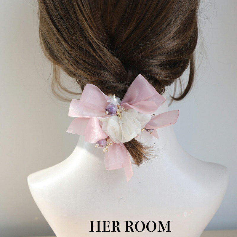 ロマンチックピンクメッシュボウタイ シルクフラワーヘアクリップ 20-30 代ガール クリスマスパーティー デートアクセ 春夏ヘア ロマンチック アメジストビーズ パール輝き ギフト プレゼント 自己へのご褒美 バレンタインギフト ウェディングゲスト ファッション小物