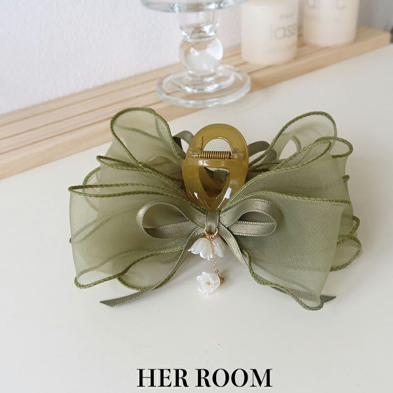 ヘアクリップ 大きめ グリーンメッシュリボン 琥珀アクリルクリップ パールペンダント 森系エレガント 20-30 代ガール アフタヌーンティー デートアクセ 自...